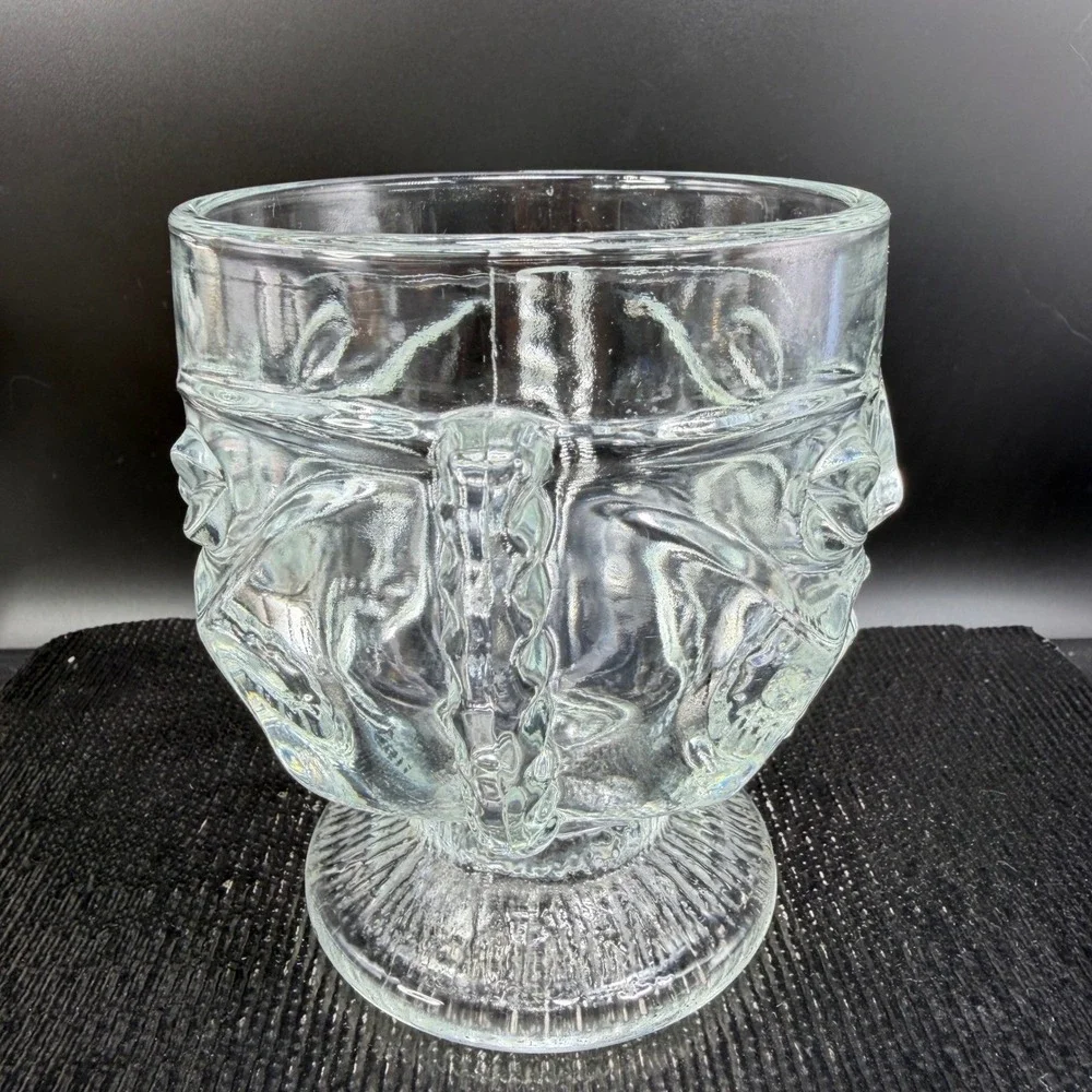 Indiana Glass Two faced Tiki‎ Drinking Glass Clear Embossed Face Single Mug Cup